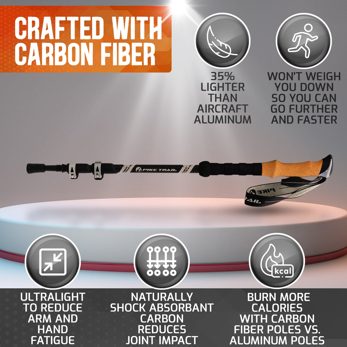 Carbon fiber ski poles with features highlighted on a gray background