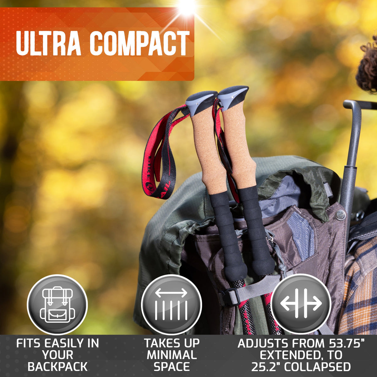 Hiking backpack with ultra-compact equipment, featuring text and icons on a blurred natural background.