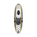 Top-down view of an inflatable kayak on a solid white background, featuring a gray and white hull with yellow trim, a black seat, and a black pedal drive system.