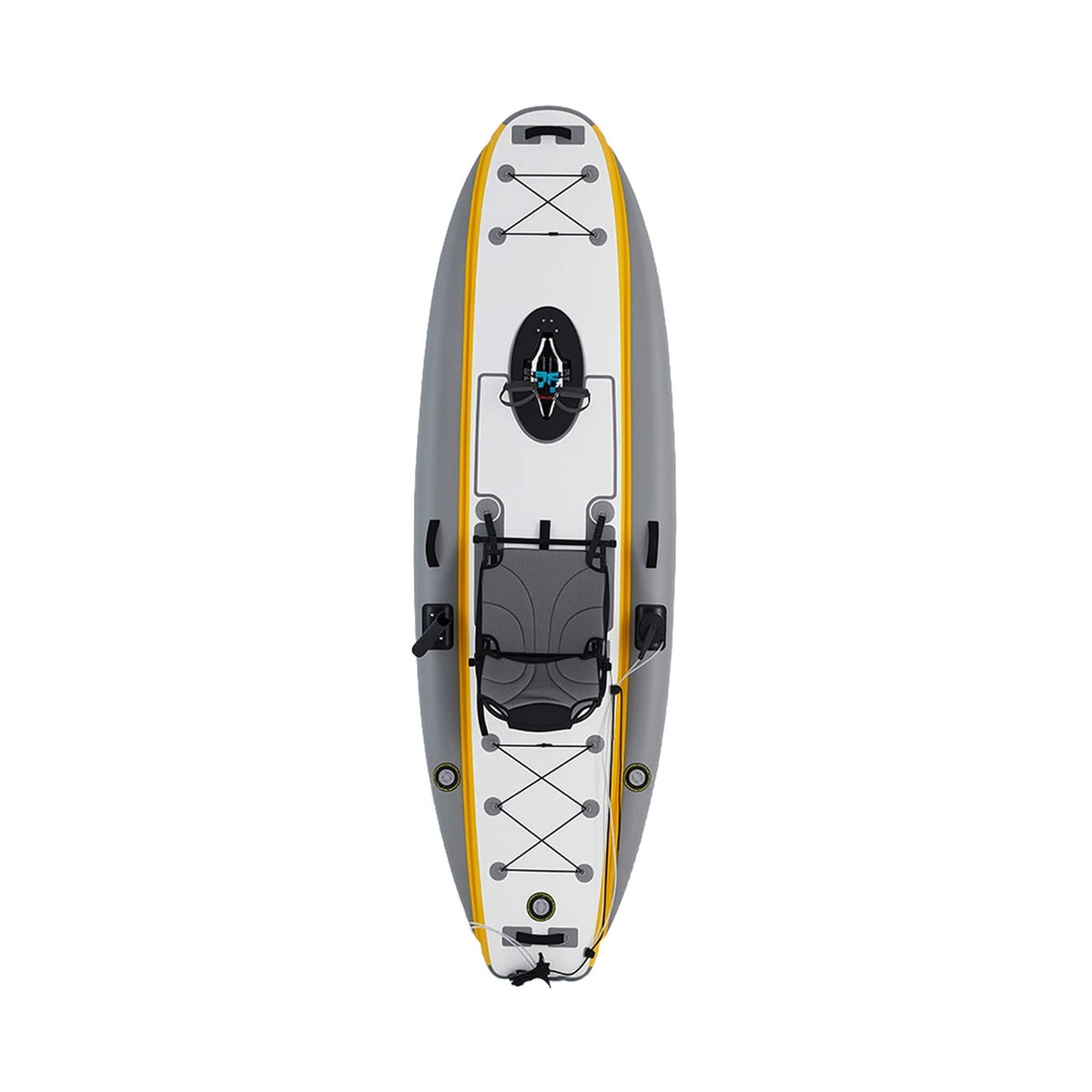 Top-down view of an inflatable kayak on a solid white background, featuring a gray and white hull with yellow trim, a black seat, and a black pedal drive system.