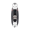 Top-down view of an inflatable paddleboard on a solid white background, showing a black and white hull with red accents, a black seat, and a paddle in the cockpit.