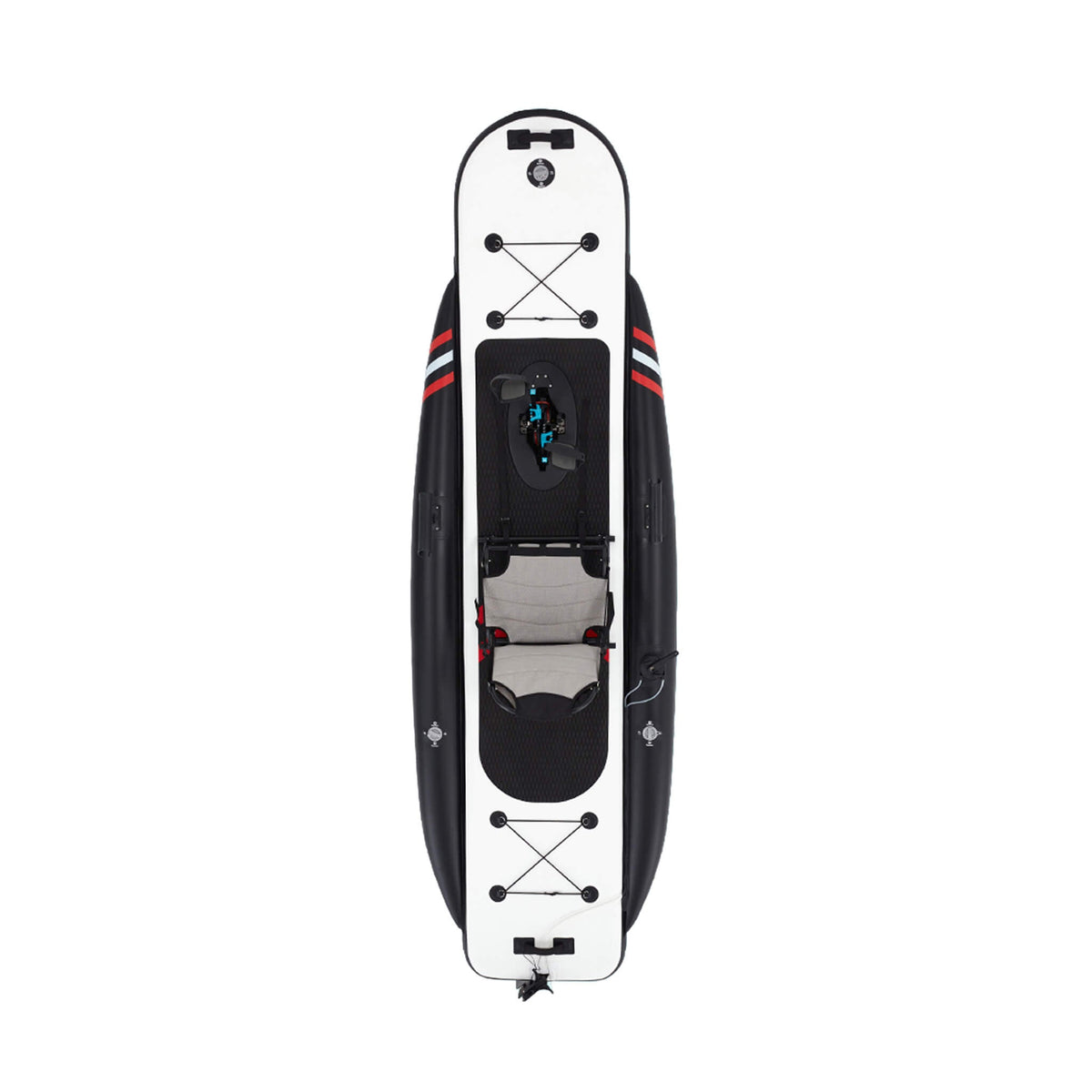 Top-down view of an inflatable paddleboard on a solid white background, showing a black and white hull with red accents, a black seat, and a paddle in the cockpit.