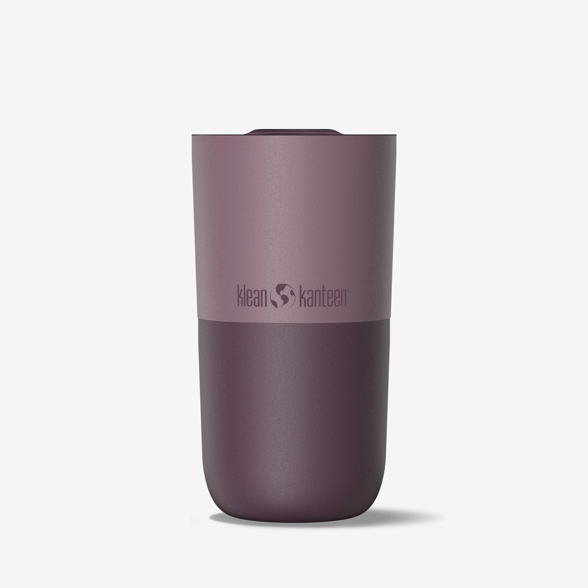 A two-tone insulated travel tumbler with a matte finish, featuring a dusty mauve upper half and a darker plum-purple lower half. The brand name 'klean kanteen' is embossed on the center band.