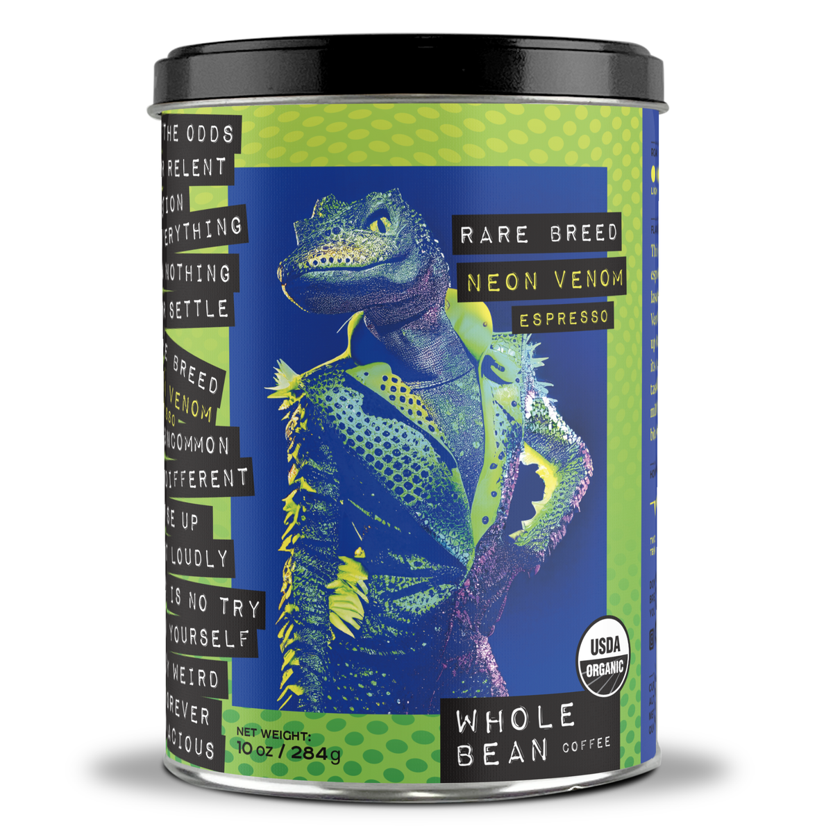 A cylindrical metal canister of Whole Bean Coffee featuring a black lid and a vibrant label with a blue and green neon lizard graphic and the text 'Rare Breed Neon Venom Espresso'.