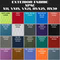 Color swatch chart for exterior fabric XPAC with various colors and names.