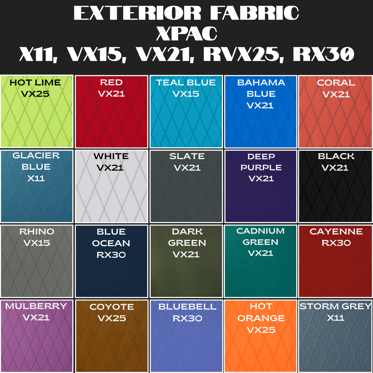 Color swatch chart for exterior fabric XPAC with various colors and names.