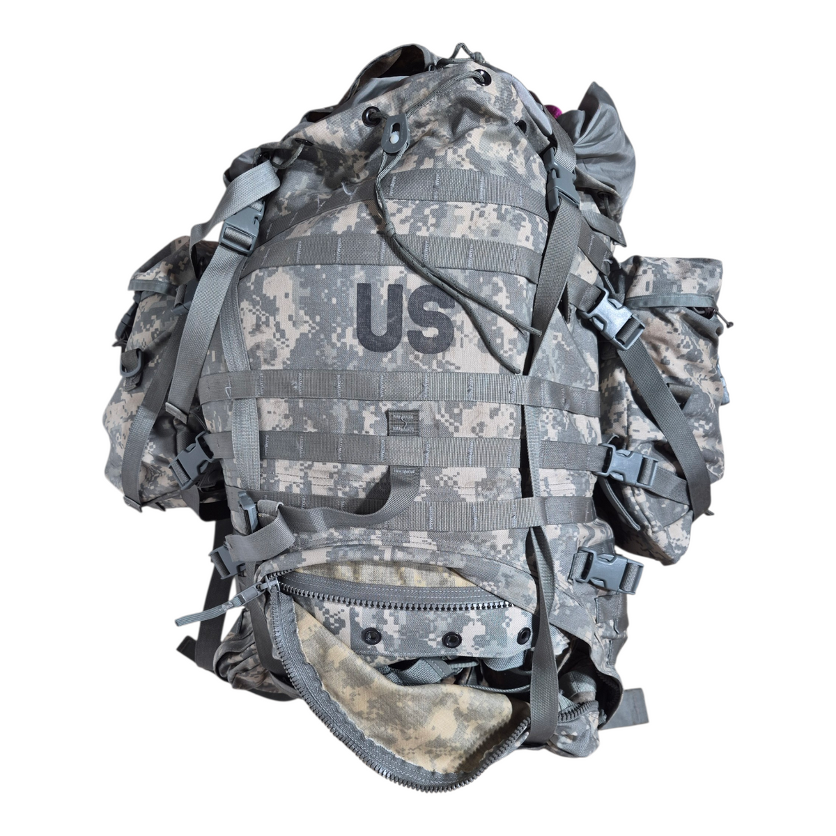Camouflage backpack with 'US' logo on a white background