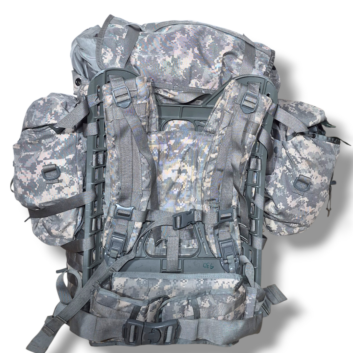 Camouflage backpack with multiple straps on a white background