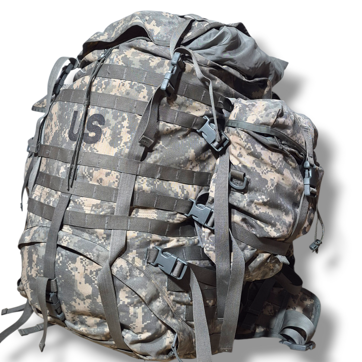 Camouflage backpack with 'US' logo on a white background