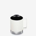 A white travel mug with a black lid and a brushed silver metal base, shown on a clean white background.