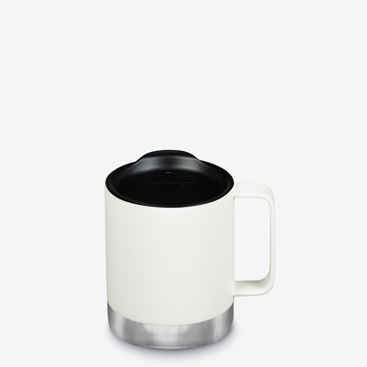 A white travel mug with a black lid and a brushed silver metal base, shown on a clean white background.