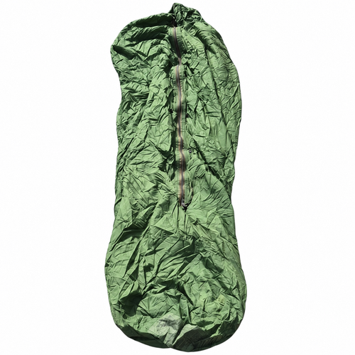 A crinkled olive green sleeping bag cover or bag shown flat against a plain white background.