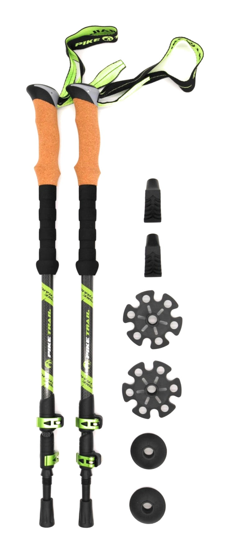 Pair of orange and black hiking poles with accessories on a white background