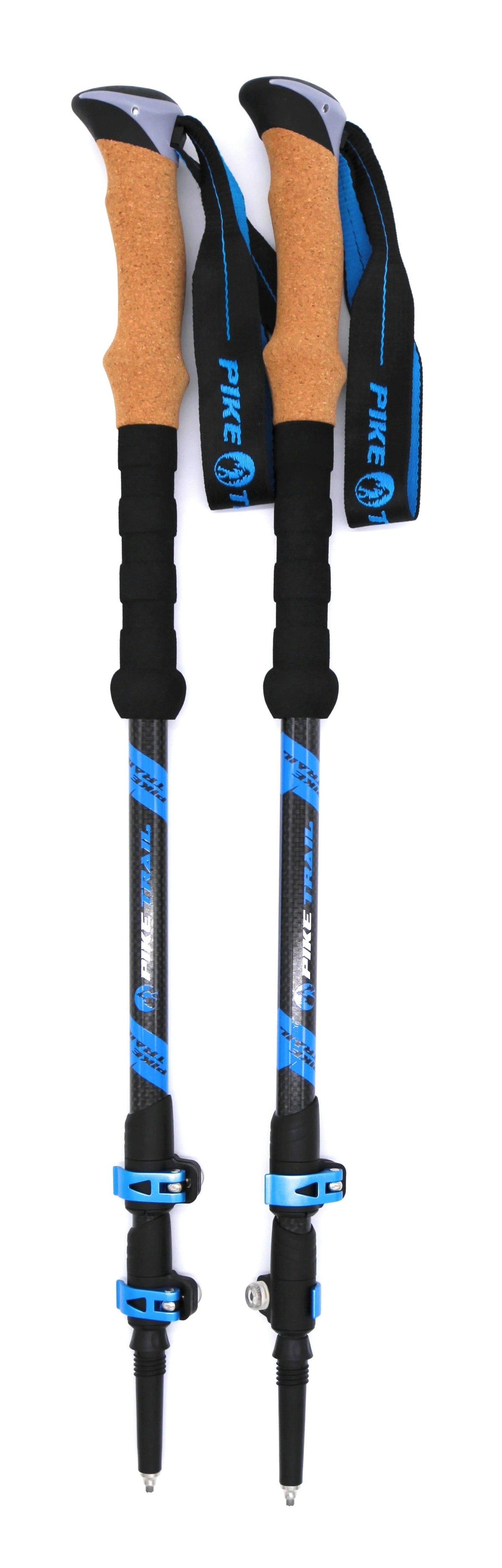 Pair of hiking poles with orange and black grips on a white background