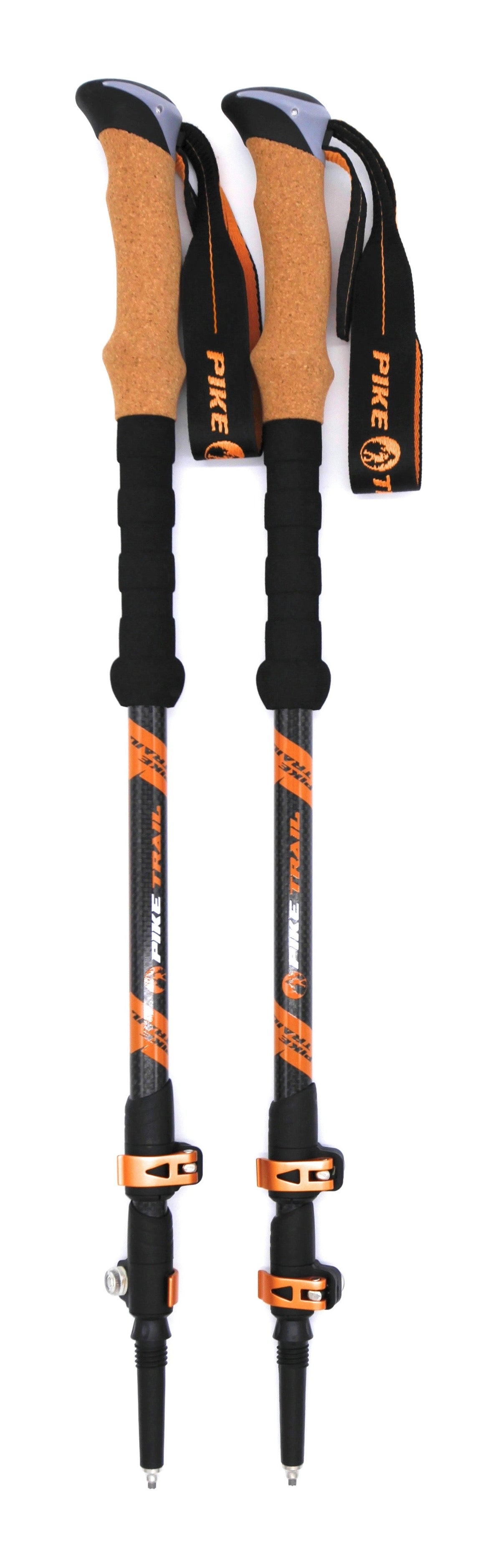 Pair of hiking poles with orange and black design on a white background