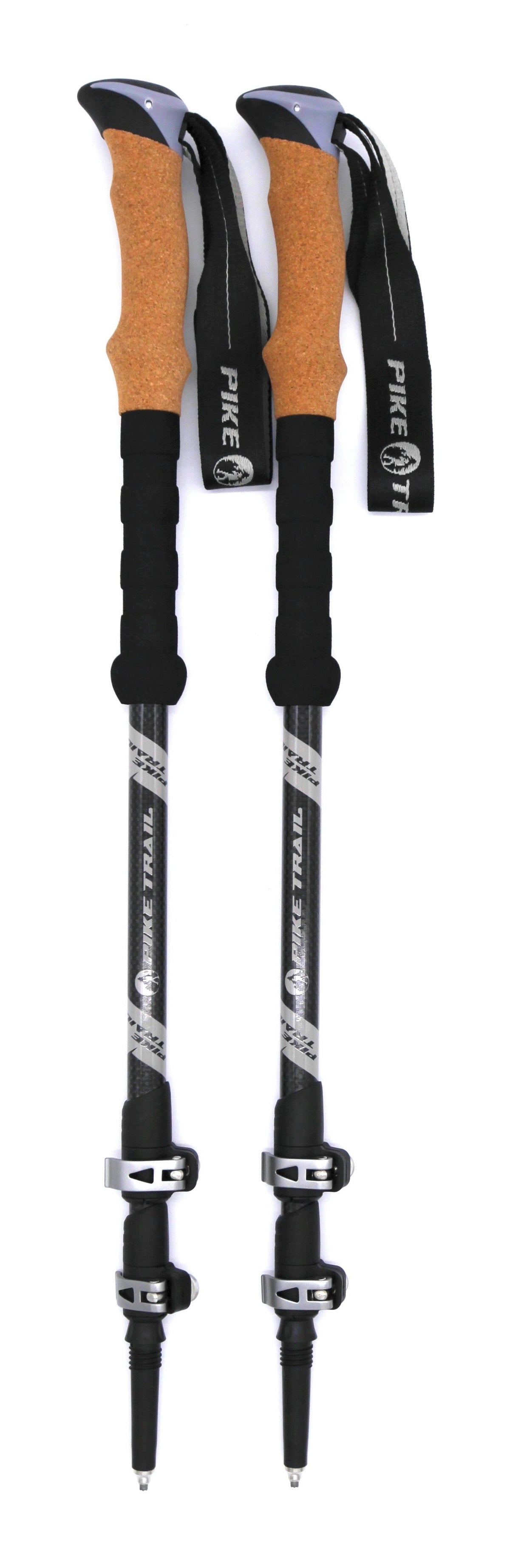 Pair of hiking poles with orange and black grips on a white background