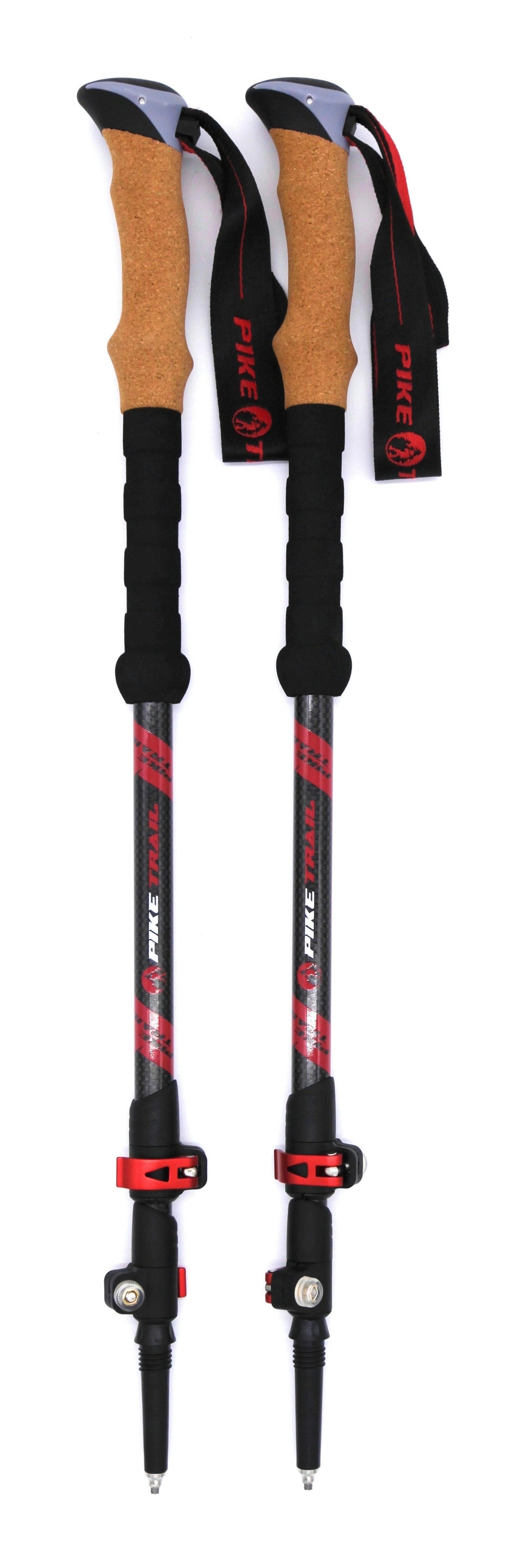 Pair of hiking poles with orange and black design on a white background