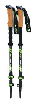 Two hiking poles with black, green, and orange design on a white background