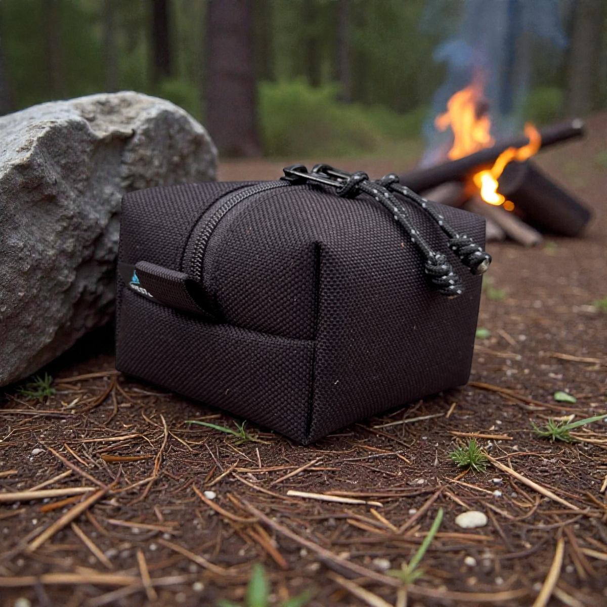 Black camera case on a forest floor with a campfire in the background