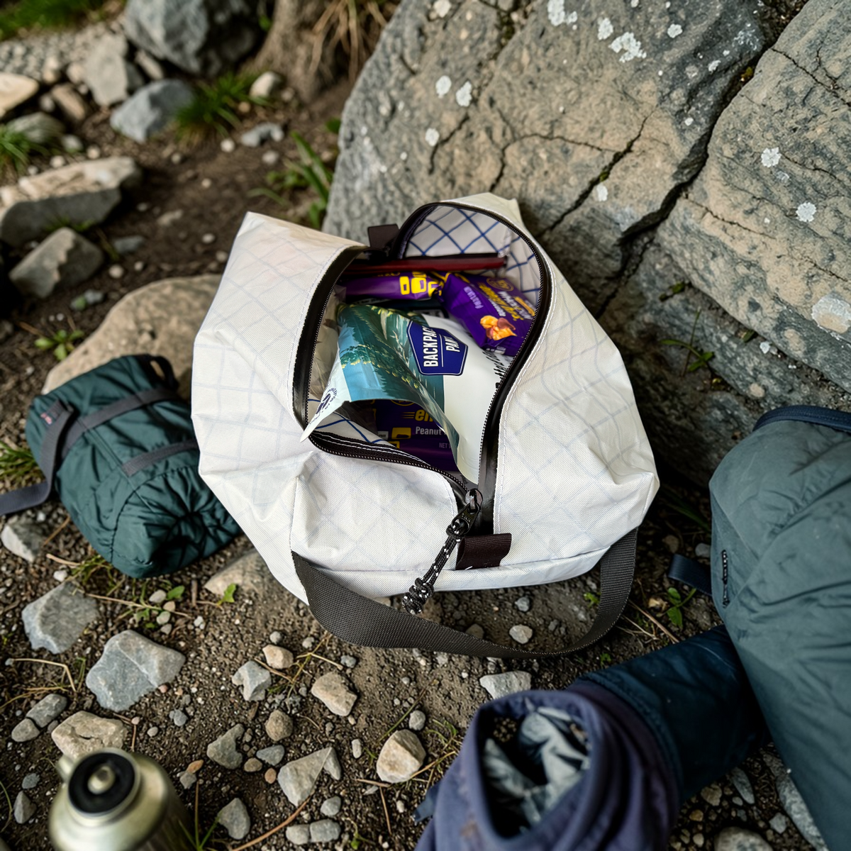 White backpack with snacks on a rocky ground