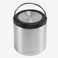 A stainless steel insulated container with a brushed silver body, a black lid rim, a black lid, and a metal carrying handle, photographed on a clean white background. The Klean Kanteen logo is visible on the lid and near the bottom of the container.