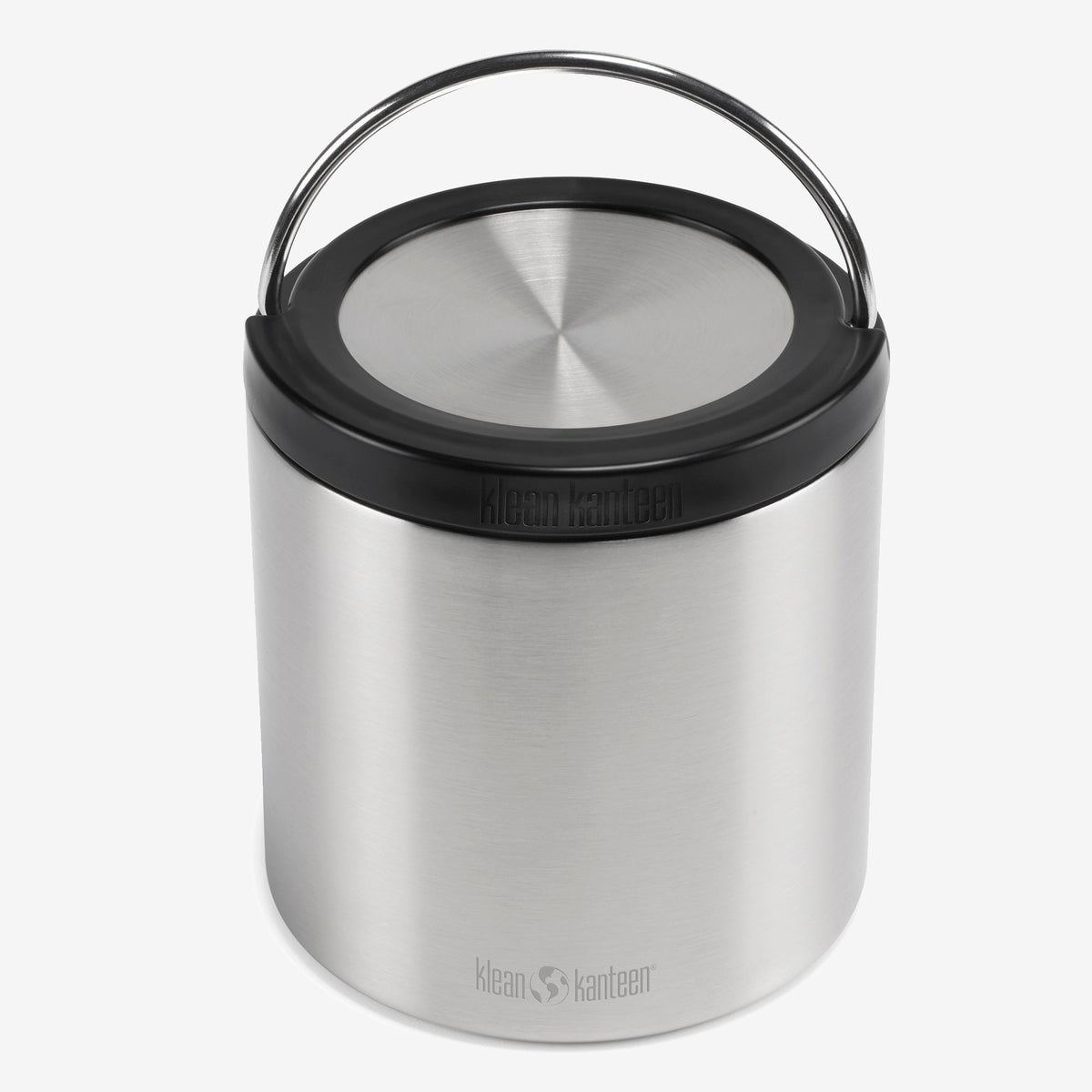 A stainless steel insulated container with a brushed silver body, a black lid rim, a black lid, and a metal carrying handle, photographed on a clean white background. The Klean Kanteen logo is visible on the lid and near the bottom of the container.