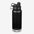 A matte black insulated water bottle with a stainless steel base and a black lid featuring a carrying loop, shown on a light gray background.