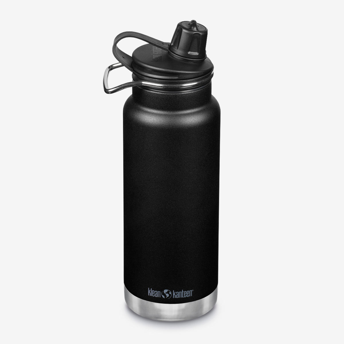 A matte black insulated water bottle with a stainless steel base and a black lid featuring a carrying loop, shown on a light gray background.