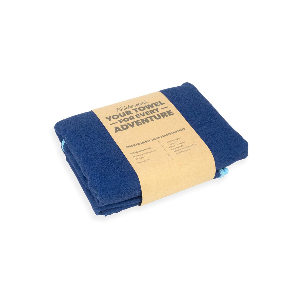 Blue towel with cardboard packaging on a white background