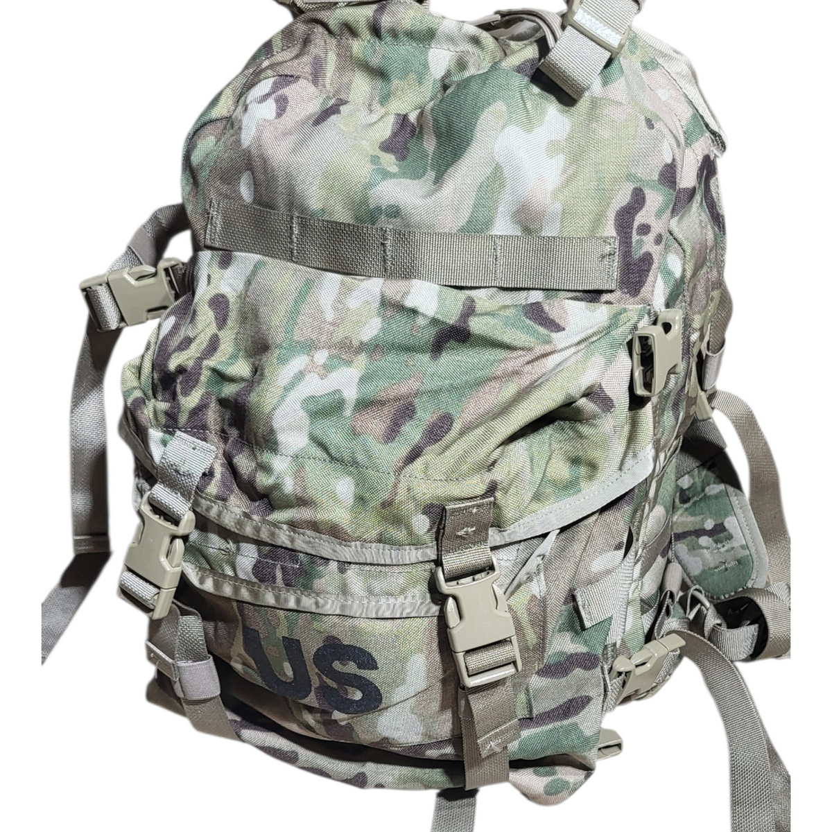 Camouflage backpack with 'US' branding on a white background