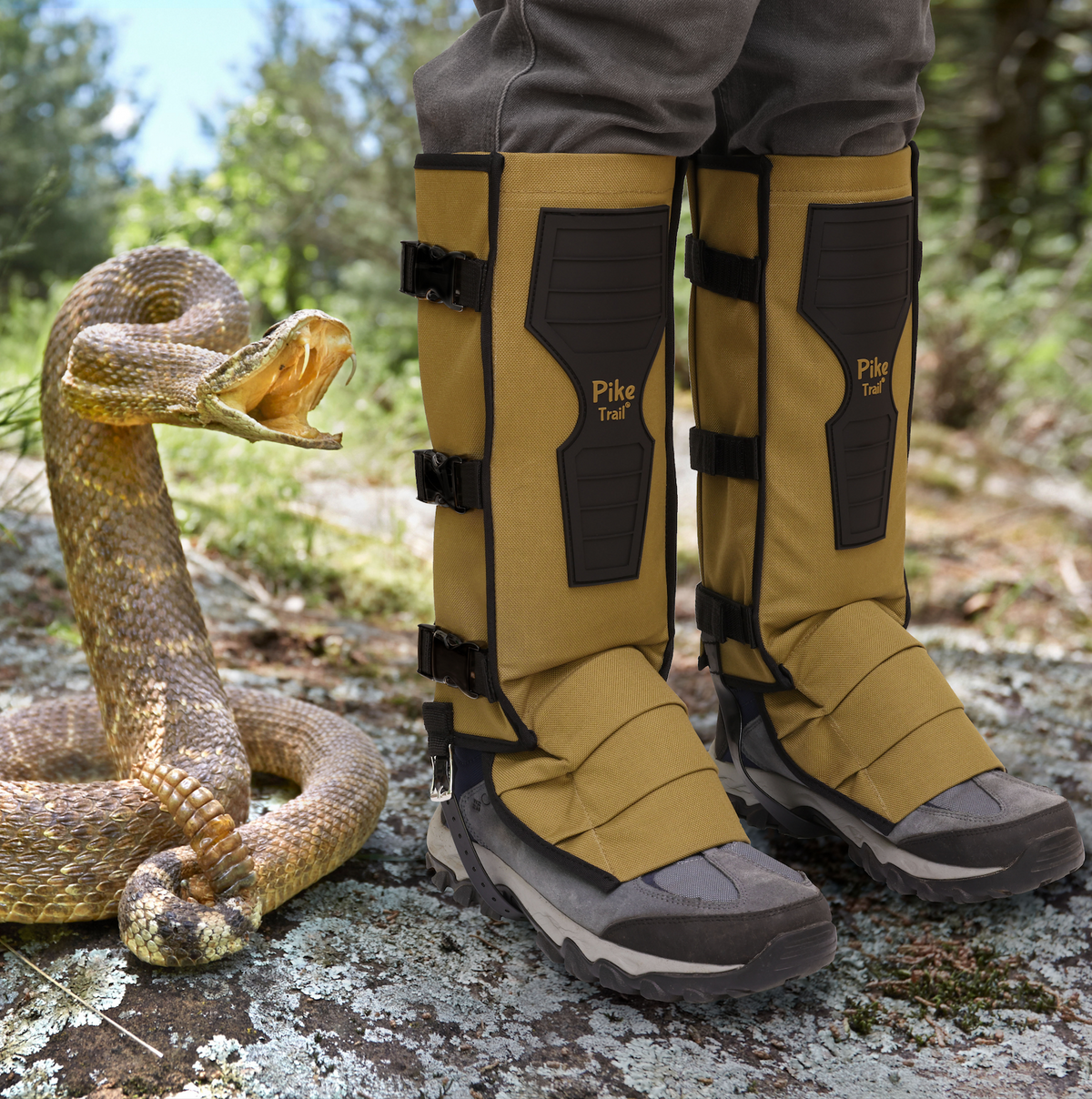 Person wearing Pike Tool gaiters with a snake on a forest floor.