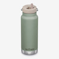 A Kanteen insulated water bottle in sage green with a light beige lid and straw, featuring a stainless steel base, on a light gray background.