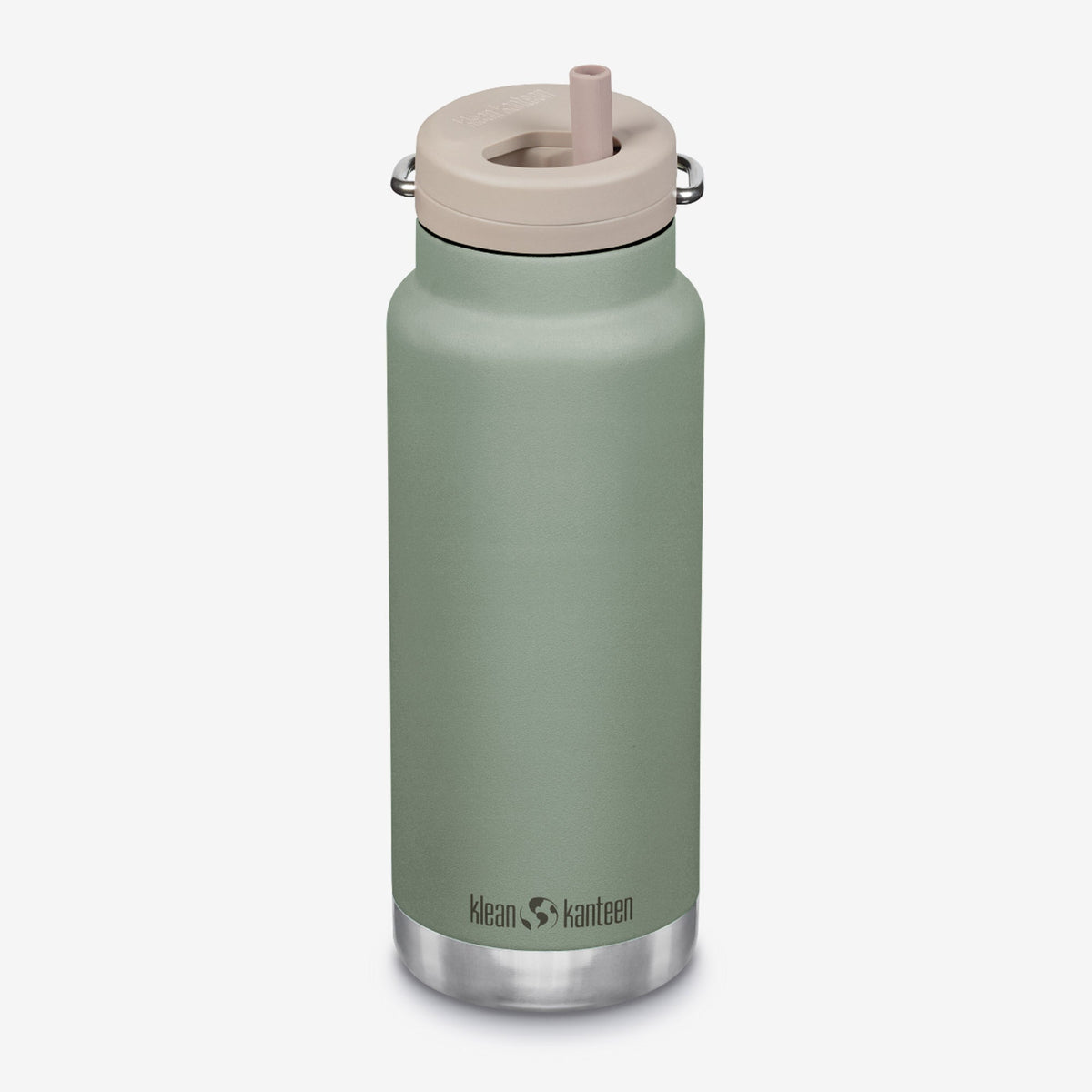 A Kanteen insulated water bottle in sage green with a light beige lid and straw, featuring a stainless steel base, on a light gray background.