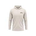 A light beige long-sleeve hooded performance shirt with a black SRO logo on the left chest, displayed on a clean white background.