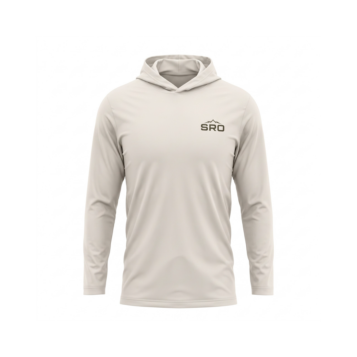 A light beige long-sleeve hooded performance shirt with a black SRO logo on the left chest, displayed on a clean white background.
