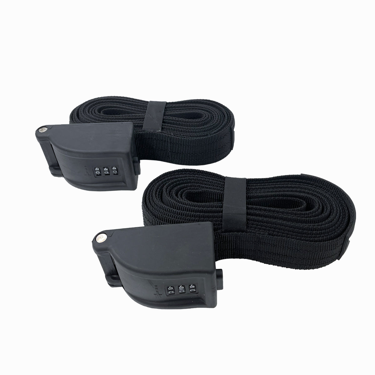 Two black vehicle security straps with combination locks on a white background