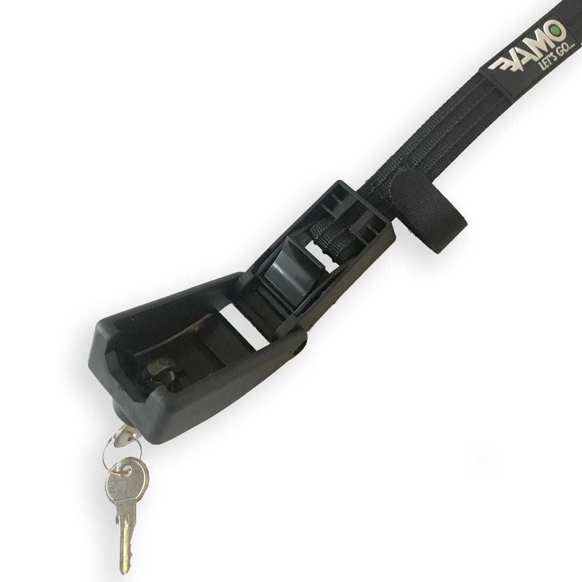A black plastic lockable strap with a key attached, shown on a plain white background. The strap has the brand name 'SAVO' and 'LIFT CO.