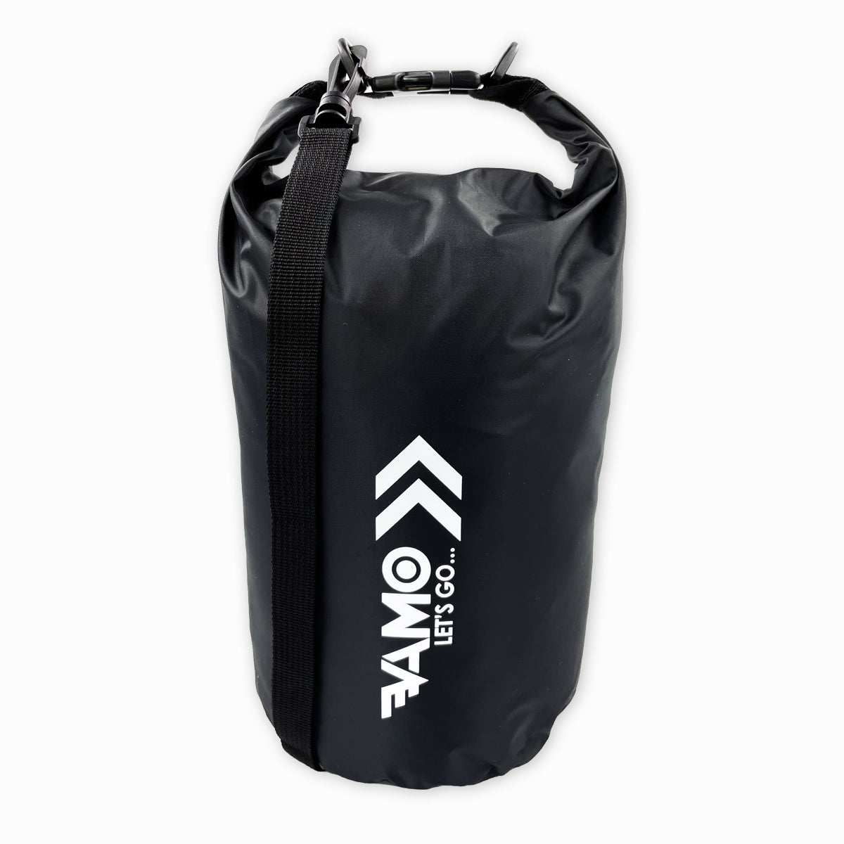 Black dry bag with a logo on a white background