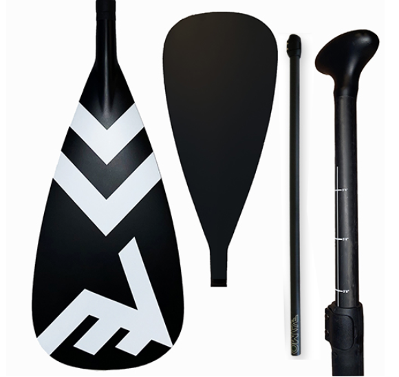 A black paddle set shown on a white background, including a paddle head with a bold white chevron and geometric logo, a paddle blade, a shaft, and a pump handle.