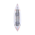 A top-down view of a white inflatable kayak with gray seats and orange accent lines, isolated on a white background.