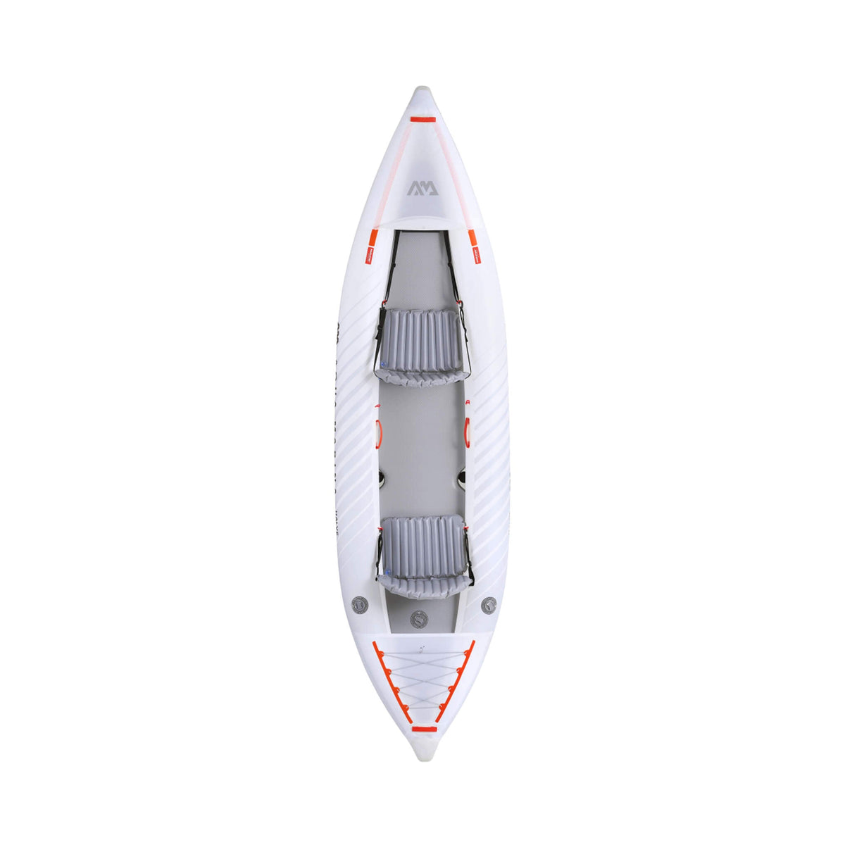 A top-down view of a white inflatable kayak with gray seats and orange accent lines, isolated on a white background.