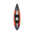 Top-down view of a Sitka brand inflatable kayak in a black and orange flame pattern, featuring a black seat and gray storage compartment, isolated on a white background.