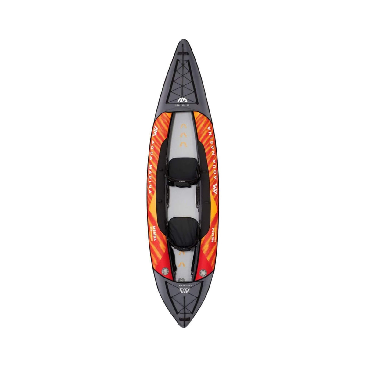 Top-down view of a Sitka brand inflatable kayak in a black and orange flame pattern, featuring a black seat and gray storage compartment, isolated on a white background.