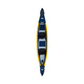 Top view of a blue and yellow kayak on a white background