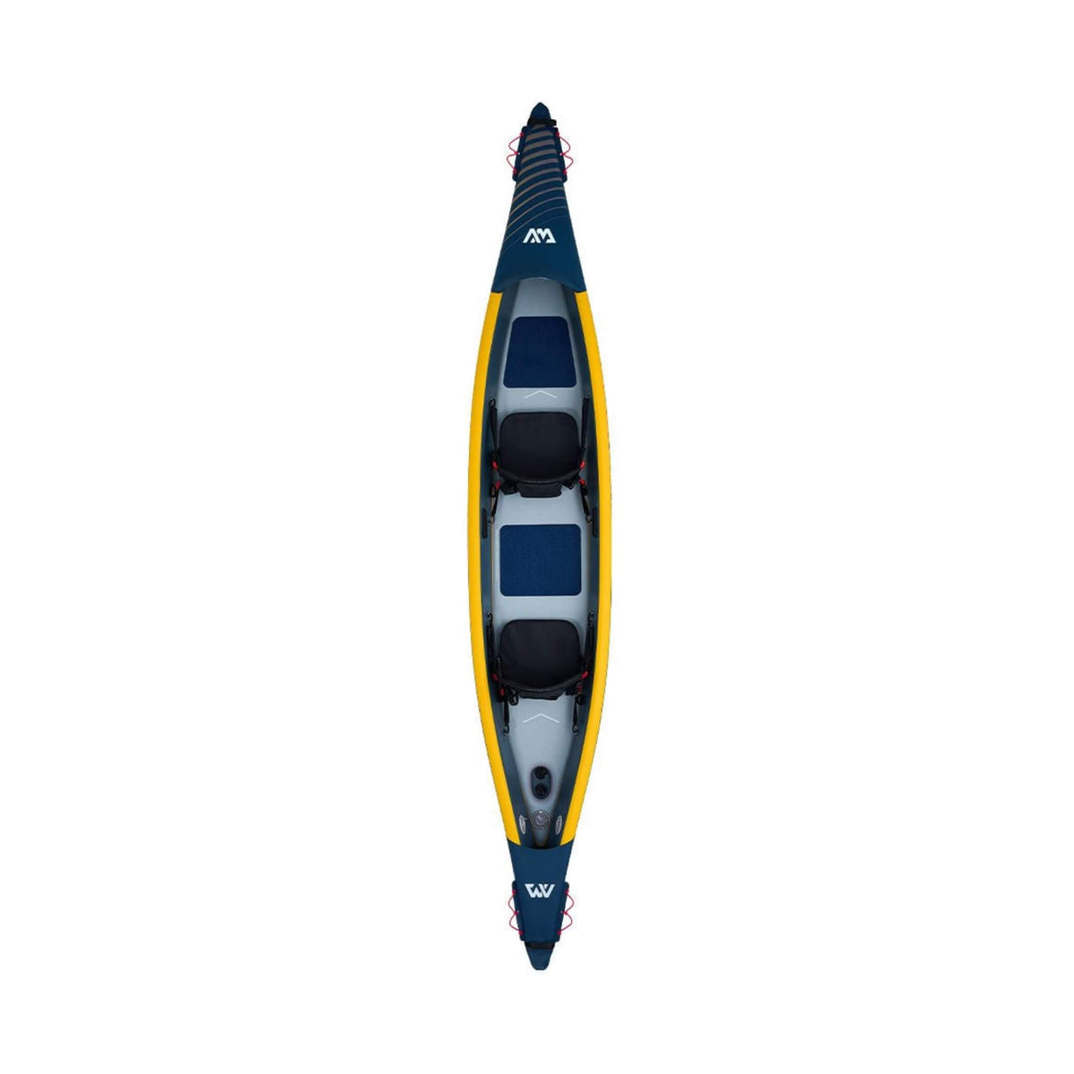 Top view of a blue and yellow kayak on a white background