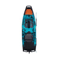 A top-down view of a Teal and black sit-on-top fishing kayak with an orange seat pad, shown on a solid white background.