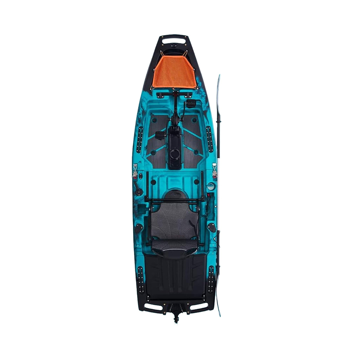 A top-down view of a Teal and black sit-on-top fishing kayak with an orange seat pad, shown on a solid white background.