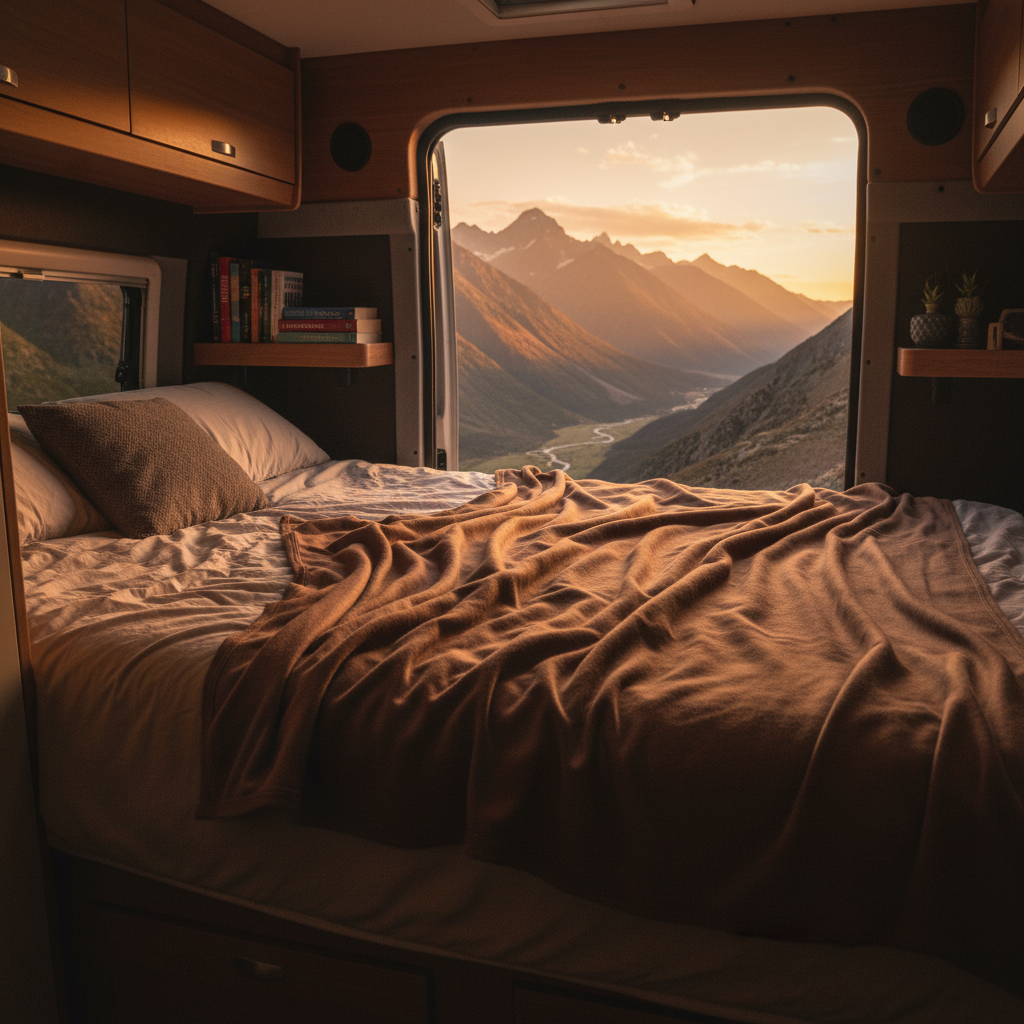 Bedroom in a vehicle with a view of mountains during sunset