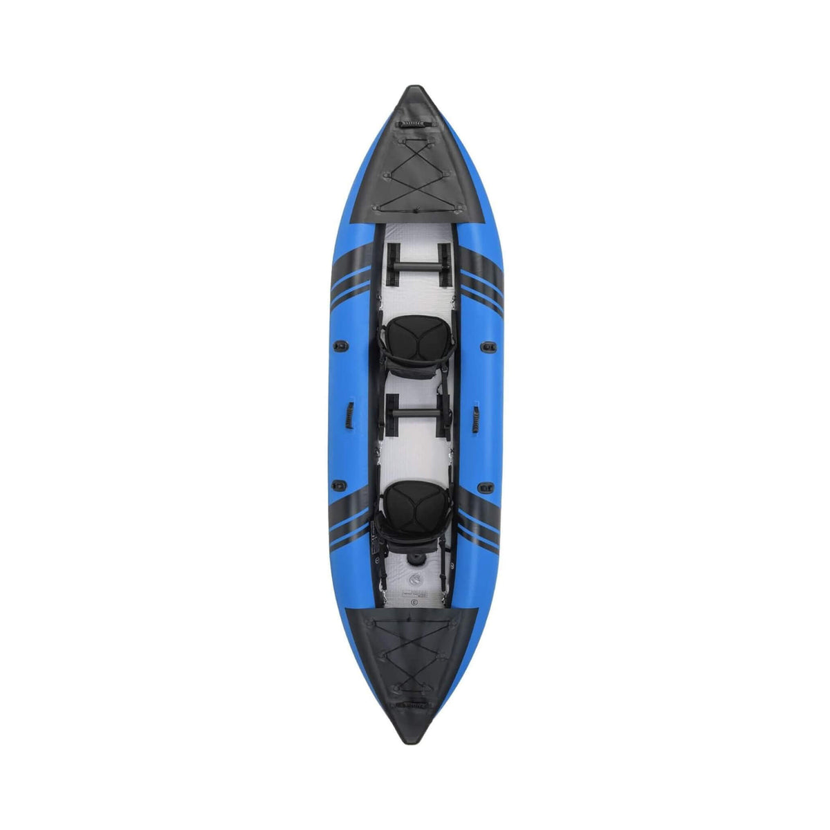 A top-down view of a blue and black inflatable kayak with two black footrests on a white background.