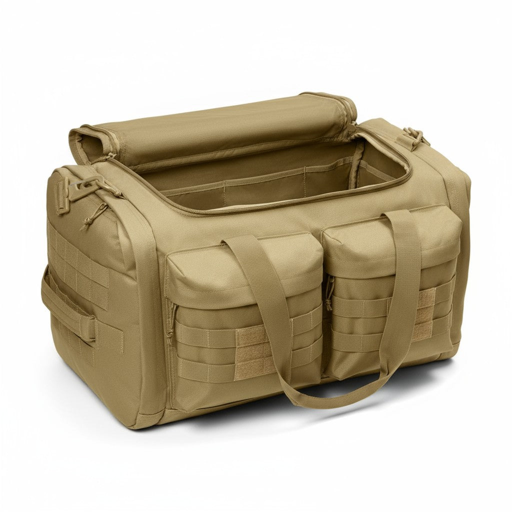 A tan tactical duffel bag with an open top, multiple front utility pockets, webbing, and dual carrying straps, photographed on a clean white background.